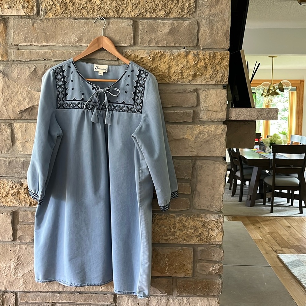 TANZARA Blue & Navy Embroidered Tunic Dress Size XL